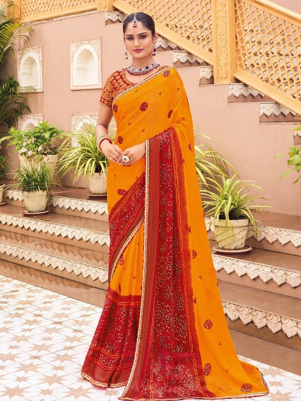 Yellow Orange Georgette Chiffon Bandhani Print Saree